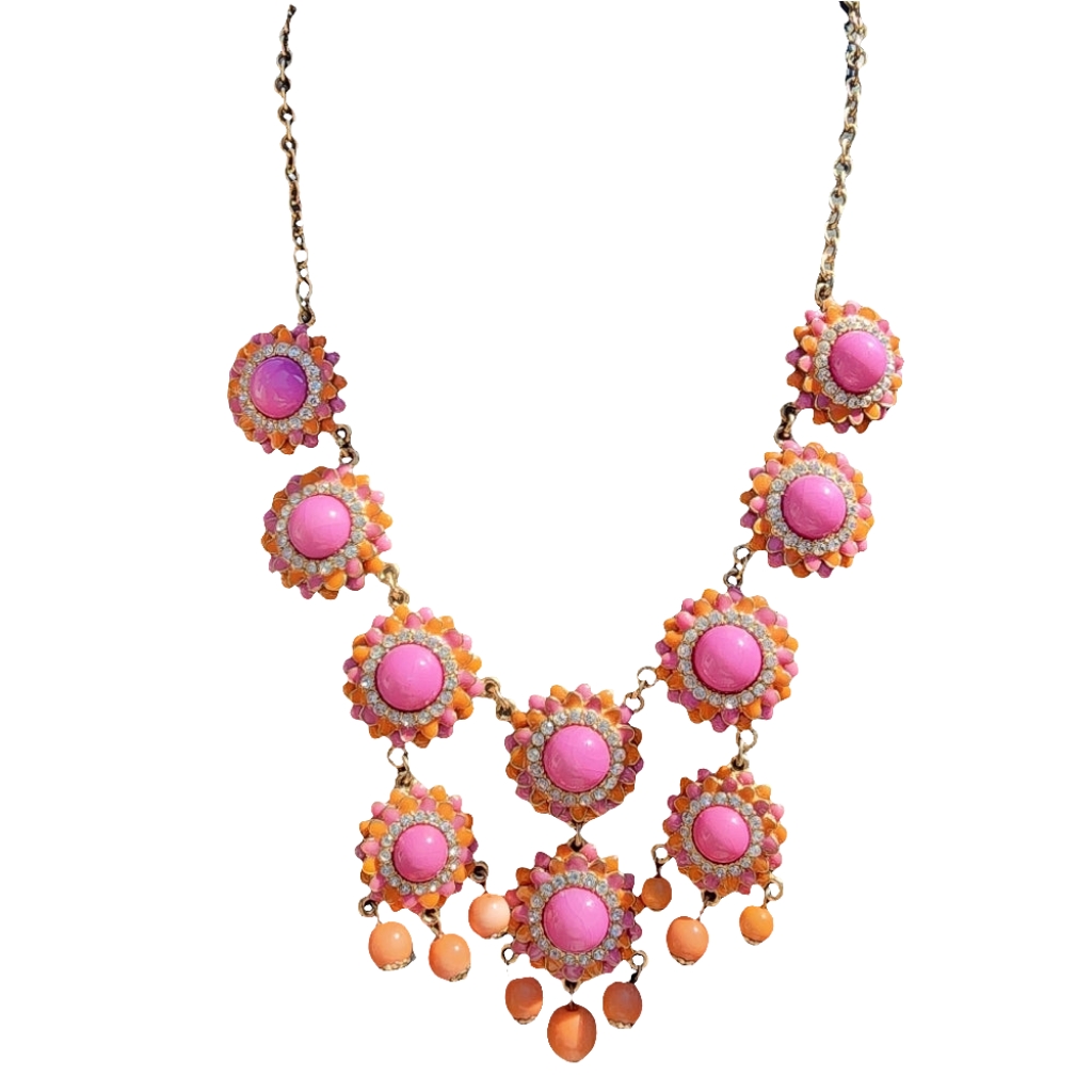 Fashion Costume Jewelry Pink Orange Rhinestone Necklace Gold Tone Bar 22$